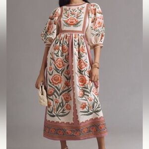 New FARM Rio Neutral Florals Puff Sleeve Midi Dress
